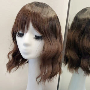Synthetic Wig - Wavy Dark Brown with Bang, Shoulder-Length - cngwigs