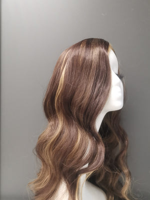 Synthetic Wig - Wavy Dark Brown with Blonde Highlights, Long - cngwigs