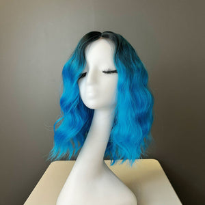 Synthetic Wig - Wavy Black to Blue Gradient, Shoulder-Length - cngwigs