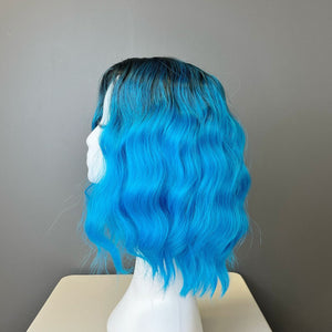 Synthetic Wig - Wavy Black to Blue Gradient, Shoulder-Length - cngwigs