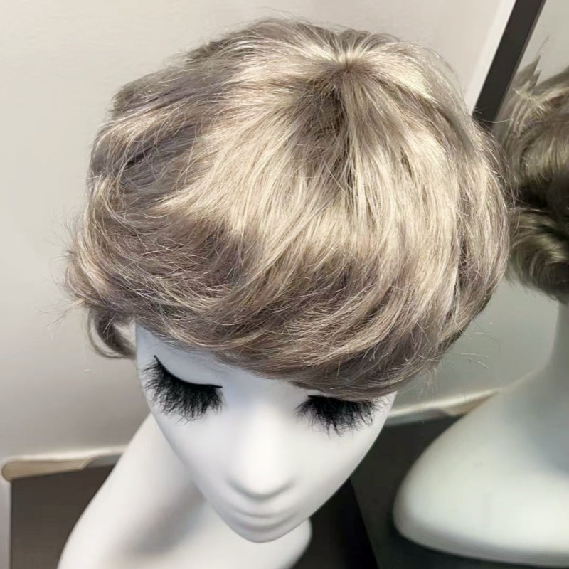 Colored Human Hair Wig – Wavy Silver Grey, Short - cngwigs