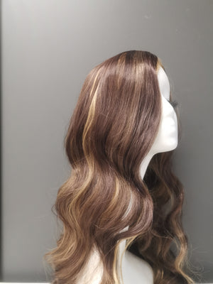Synthetic Wig - Wavy Dark Brown with Blonde Highlights, Long - cngwigs