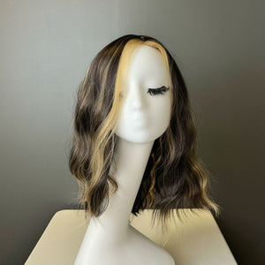 Synthetic Wig - Wavy Dark Brown with Blonde Highlights, Shoulder-Length - cngwigs
