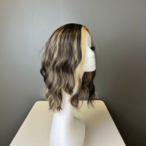 Synthetic Wig - Wavy Dark Brown with Blonde Highlights, Shoulder-Length - cngwigs