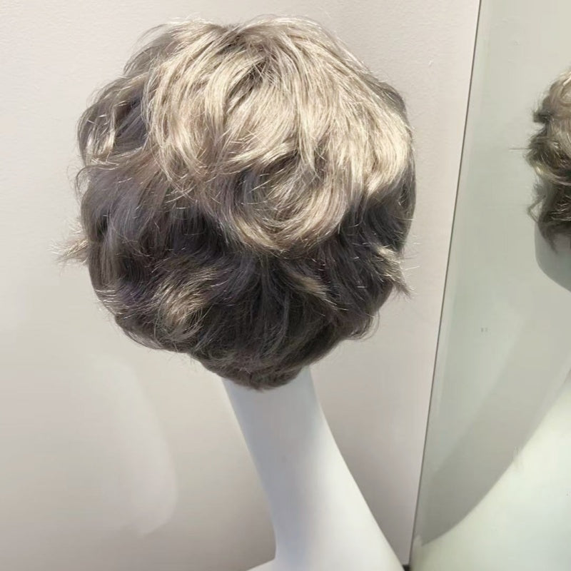 Colored Human Hair Wig – Wavy Silver Grey, Short - cngwigs