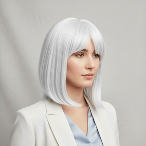 Colored Human Hair Wig – Natural Straight Bob Silver Grey, Shoulder-Length - cngwigs