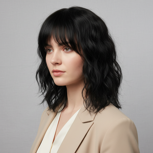 Black Wig – Wavy with Bang, Shoudler-Length - cngwigs