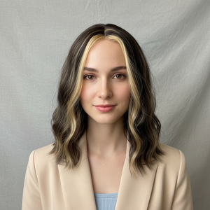 Synthetic Wig - Wavy Dark Brown with Blonde Highlights, Shoulder-Length - cngwigs
