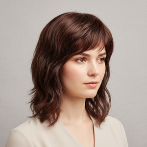 Real Human Hair Wig  – Natural Curl Dark Brown, Shoulder-Length - cngwigs