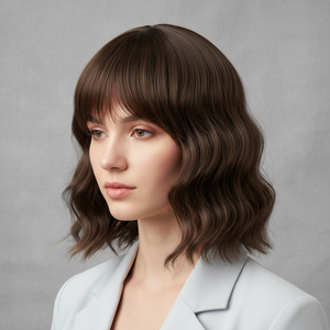 Synthetic Wig - Wavy Dark Brown with Bang, Shoulder-Length - cngwigs