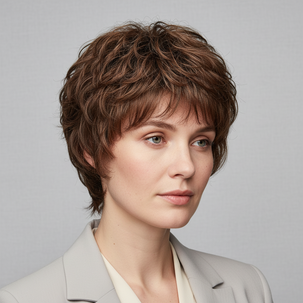 Real Human Hair Wig – Wavy Chestnut Brown with Bang, Short - cngwigs