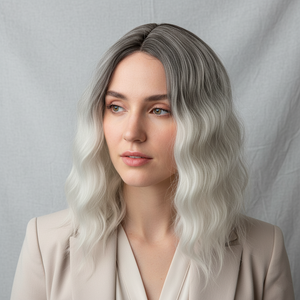 Synthetic Wig - Wavy Grey to Silver Gradient, Shoudler-Length - cngwigs