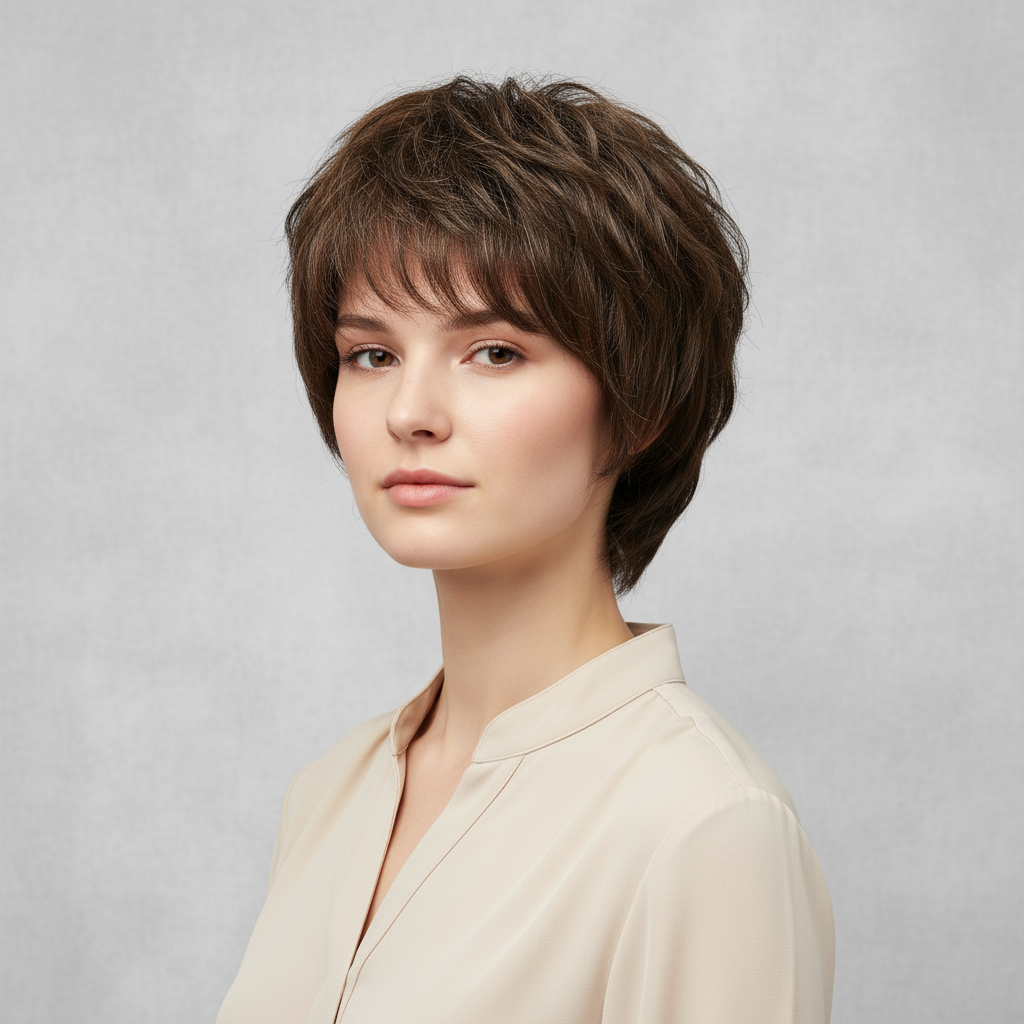 Real Human Hair Wig – Wavy Drak Brown with Bang, Short - cngwigs