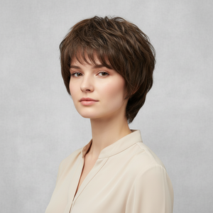 Real Human Hair Wig – Wavy Drak Brown with Bang, Short - cngwigs